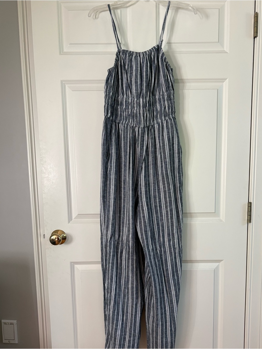 Old Navy Navy and White Striped Smocked Jumpsuit